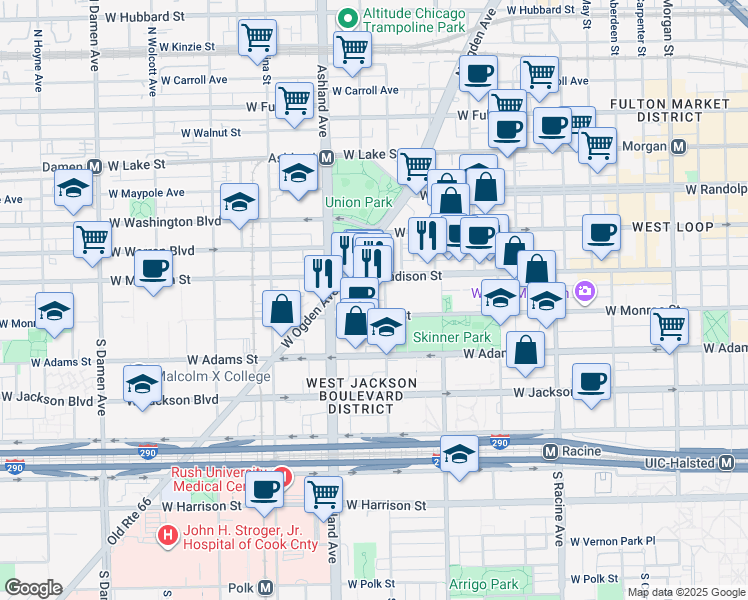 map of restaurants, bars, coffee shops, grocery stores, and more near 114 South Laflin Street in Chicago