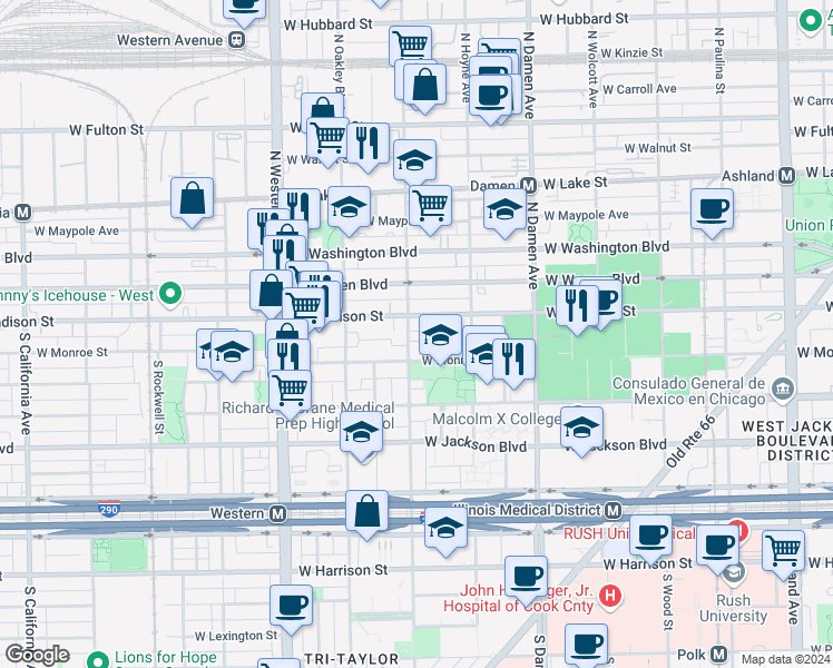 map of restaurants, bars, coffee shops, grocery stores, and more near 2144 West Monroe Street in Chicago