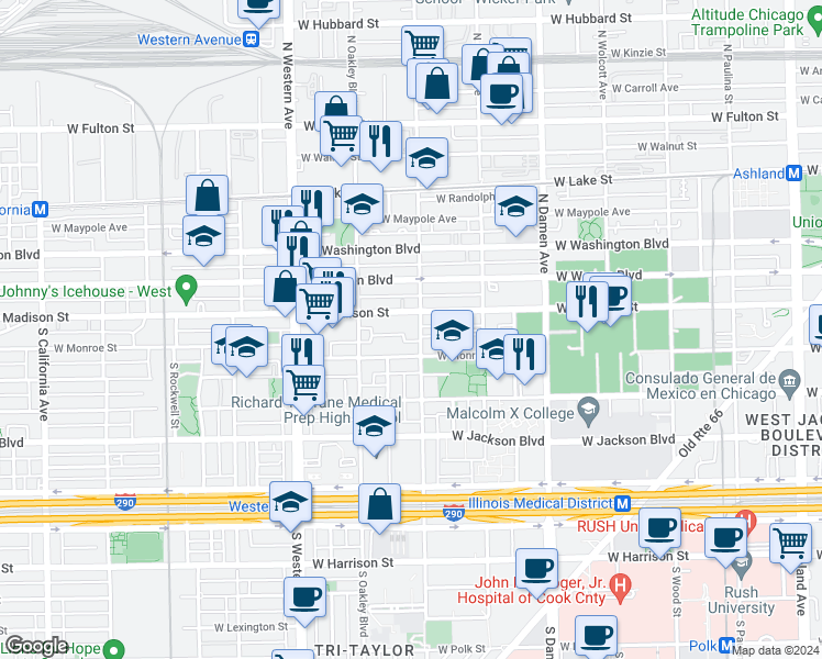 map of restaurants, bars, coffee shops, grocery stores, and more near 2222 West Monroe Street in Chicago