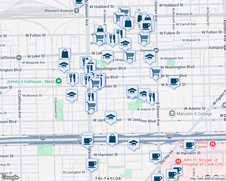 map of restaurants, bars, coffee shops, grocery stores, and more near 2222 West Monroe Street in Chicago
