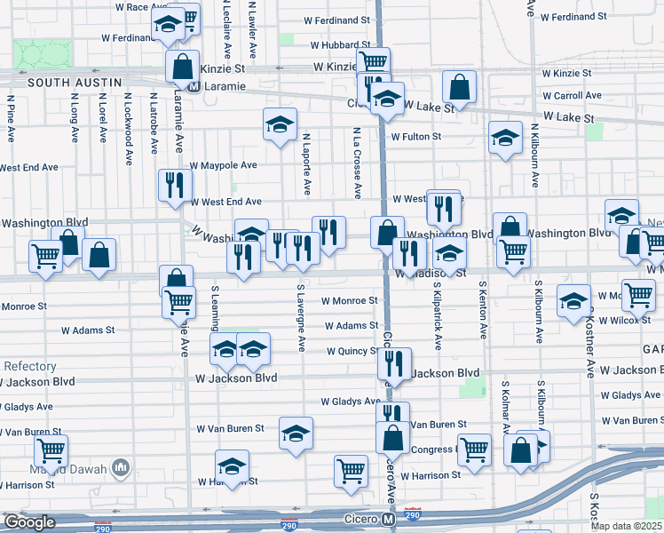 map of restaurants, bars, coffee shops, grocery stores, and more near 4933 West Madison Street in Chicago