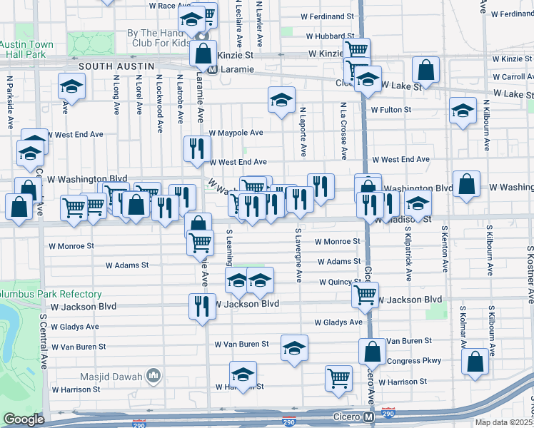 map of restaurants, bars, coffee shops, grocery stores, and more near 5041 West Madison Street in Chicago