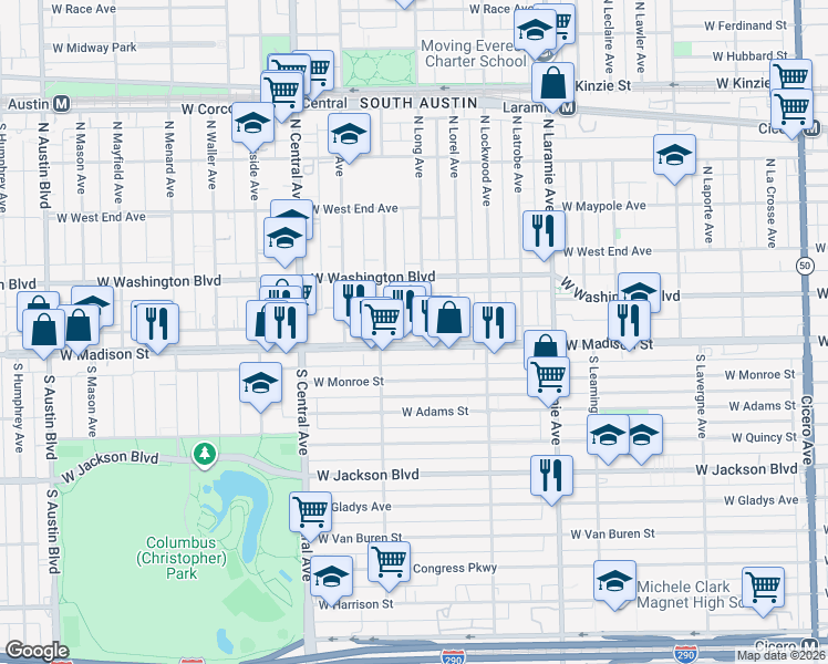 map of restaurants, bars, coffee shops, grocery stores, and more near 5405 West Madison Street in Chicago