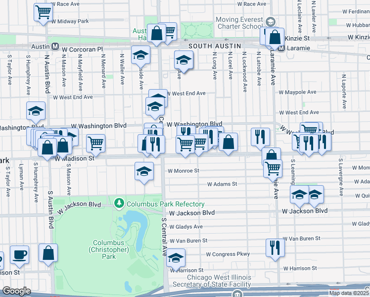 map of restaurants, bars, coffee shops, grocery stores, and more near 5501 West Madison Street in Chicago