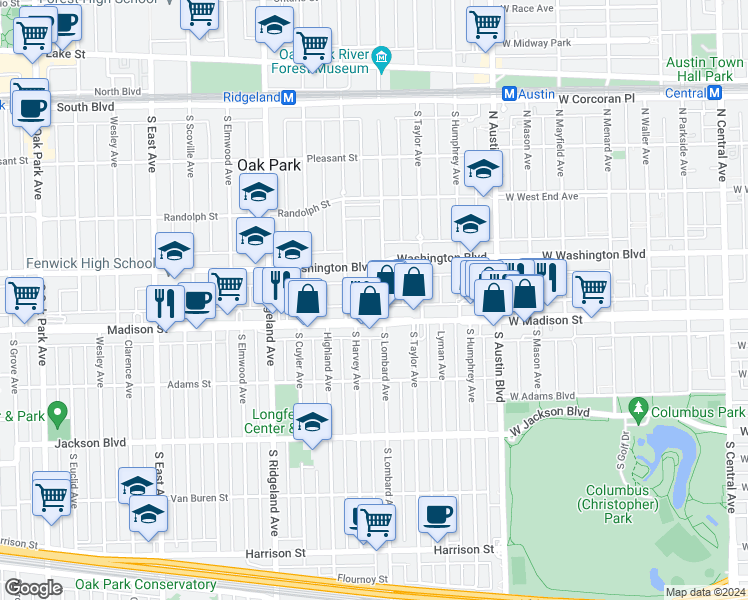 map of restaurants, bars, coffee shops, grocery stores, and more near in Oak Park