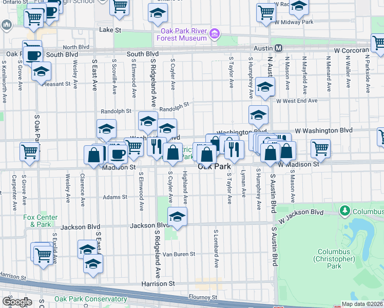 map of restaurants, bars, coffee shops, grocery stores, and more near 238 Madison Street in Oak Park