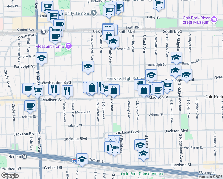 map of restaurants, bars, coffee shops, grocery stores, and more near 820 Madison Street in Oak Park