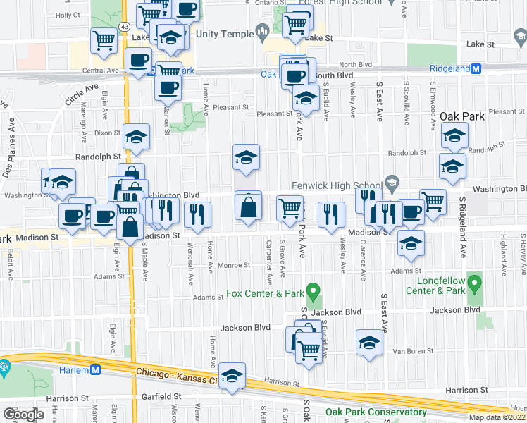 map of restaurants, bars, coffee shops, grocery stores, and more near 848 Madison Street in Oak Park