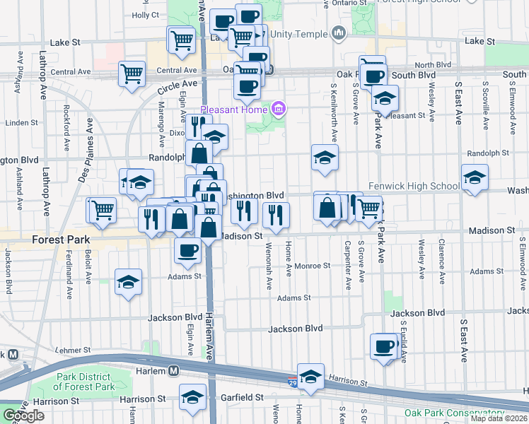 map of restaurants, bars, coffee shops, grocery stores, and more near 1024 Alexander Lane in Oak Park