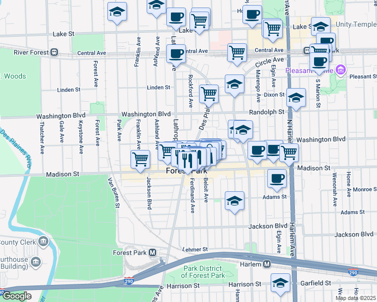 map of restaurants, bars, coffee shops, grocery stores, and more near 7508 Madison Street in Forest Park