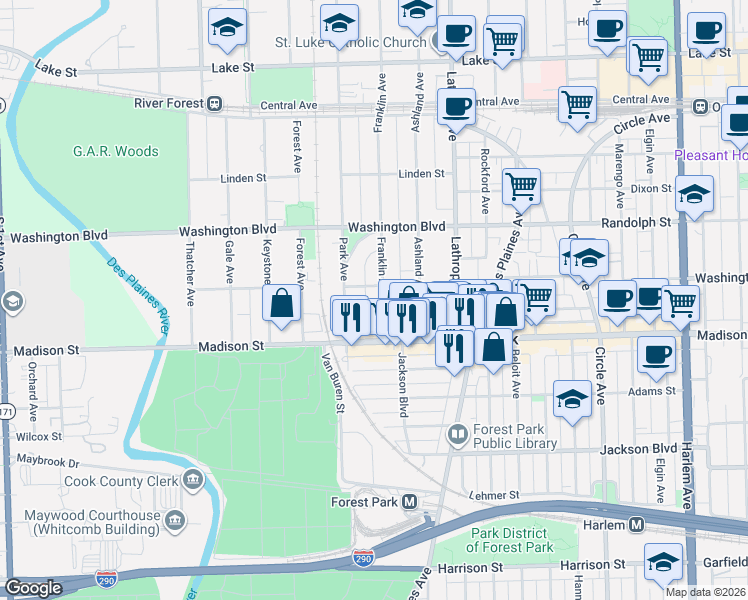 map of restaurants, bars, coffee shops, grocery stores, and more near 13 Franklin Avenue in River Forest