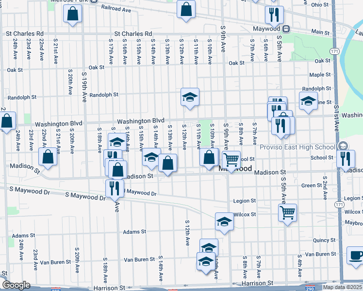 map of restaurants, bars, coffee shops, grocery stores, and more near 815 South 12th Avenue in Maywood