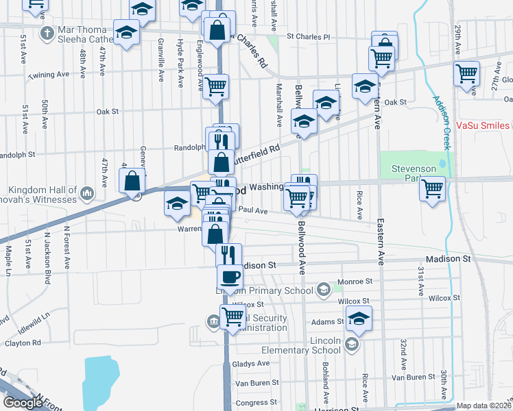 map of restaurants, bars, coffee shops, grocery stores, and more near 3820 Georgina Lane in Bellwood