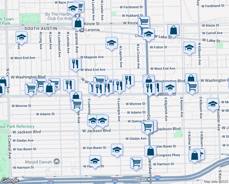 map of restaurants, bars, coffee shops, grocery stores, and more near 5001 West Madison Street in Chicago