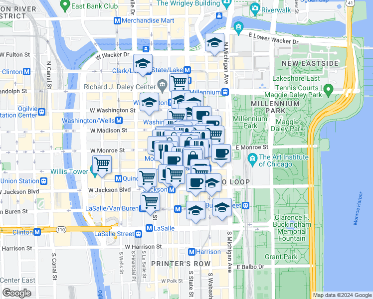 map of restaurants, bars, coffee shops, grocery stores, and more near 8 West Monroe Street in Chicago