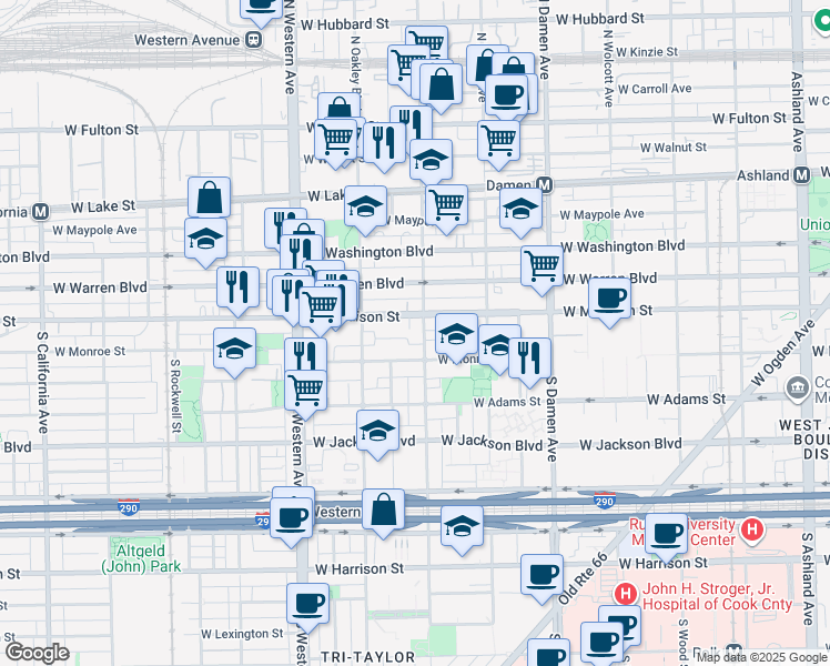 map of restaurants, bars, coffee shops, grocery stores, and more near 2222 West Monroe Street in Chicago