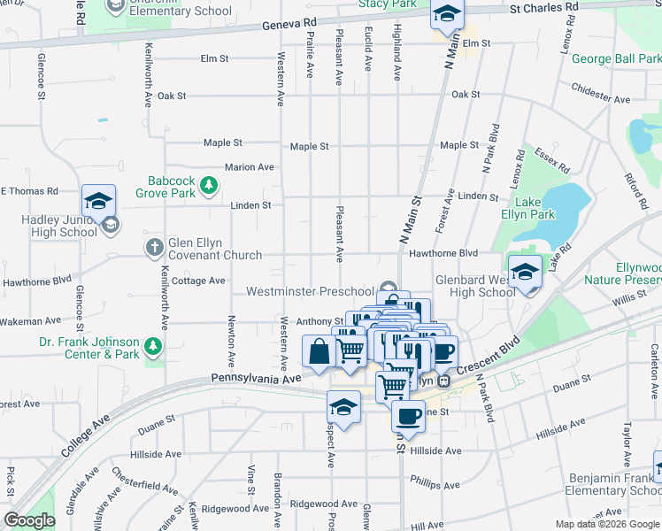 map of restaurants, bars, coffee shops, grocery stores, and more near 464 Cottage Avenue in Glen Ellyn