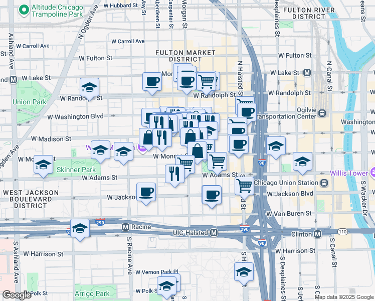map of restaurants, bars, coffee shops, grocery stores, and more near 44 South Morgan Street in Chicago