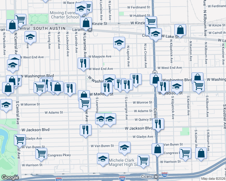 map of restaurants, bars, coffee shops, grocery stores, and more near 5026 West Madison Street in Chicago
