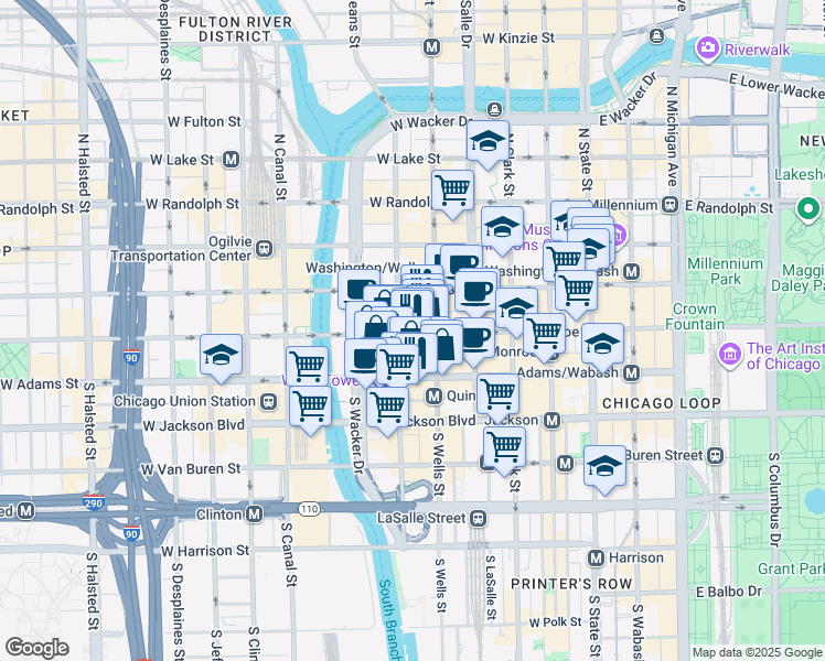 map of restaurants, bars, coffee shops, grocery stores, and more near 227 West Monroe Street in Chicago