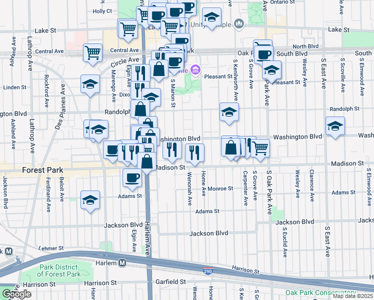 map of restaurants, bars, coffee shops, grocery stores, and more near 1020 Washington Boulevard in Oak Park