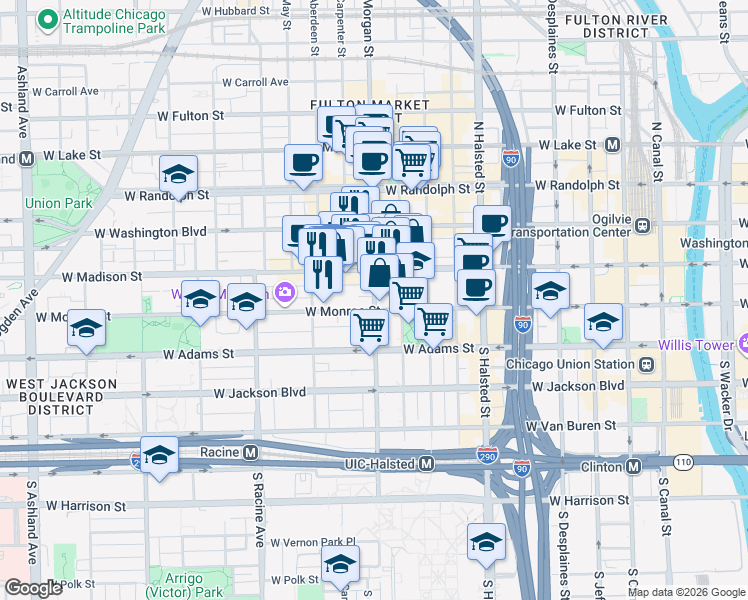 map of restaurants, bars, coffee shops, grocery stores, and more near 42 South Morgan Street in Chicago