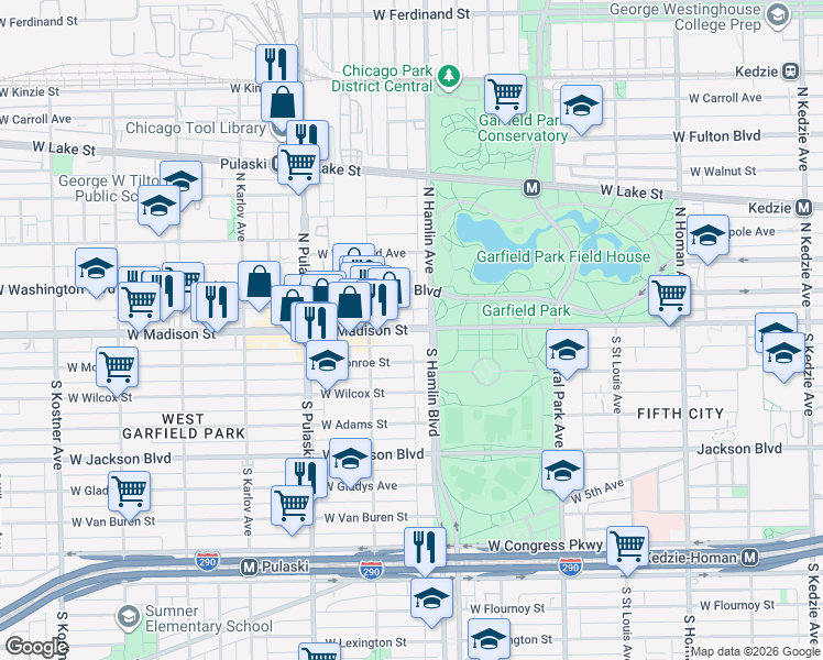 map of restaurants, bars, coffee shops, grocery stores, and more near 3831 West Madison Street in Chicago