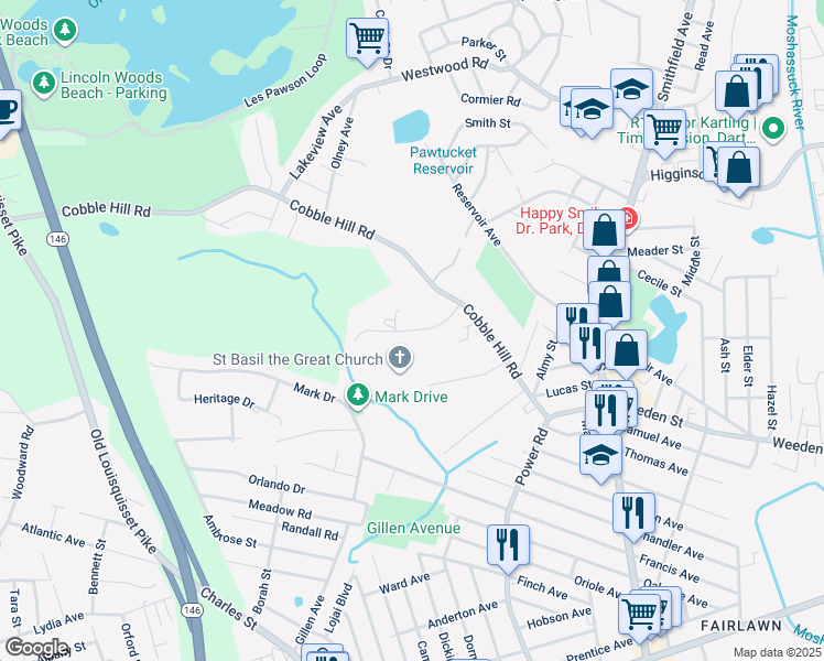 map of restaurants, bars, coffee shops, grocery stores, and more near 26 Lladner Road in Lincoln