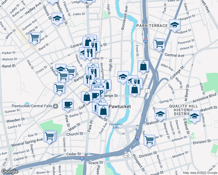 map of restaurants, bars, coffee shops, grocery stores, and more near 178 High Street in Pawtucket