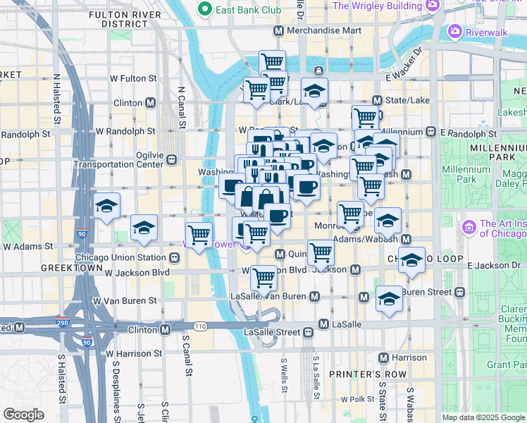 map of restaurants, bars, coffee shops, grocery stores, and more near 230 West Monroe Street in Chicago