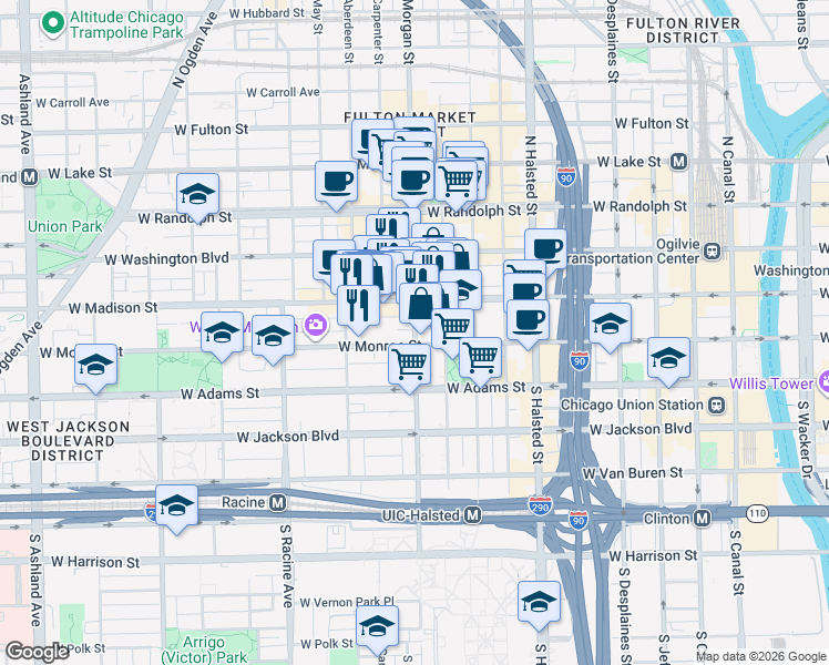 map of restaurants, bars, coffee shops, grocery stores, and more near 36 South Morgan Street in Chicago