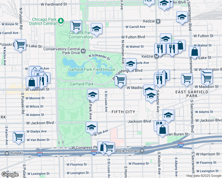 map of restaurants, bars, coffee shops, grocery stores, and more near 3445 West Madison Street in Chicago