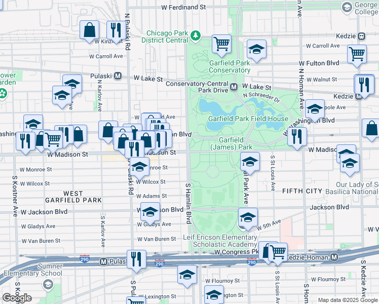 map of restaurants, bars, coffee shops, grocery stores, and more near W Madison St & N Hamlin Blvd in Chicago