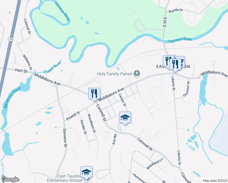 map of restaurants, bars, coffee shops, grocery stores, and more near 308 Middleboro Avenue in Taunton