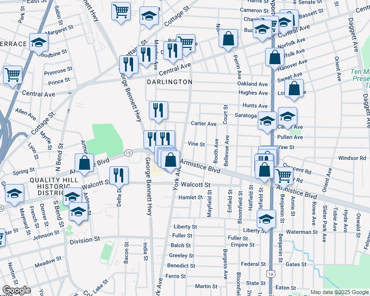 map of restaurants, bars, coffee shops, grocery stores, and more near 61 Nye Street in Pawtucket
