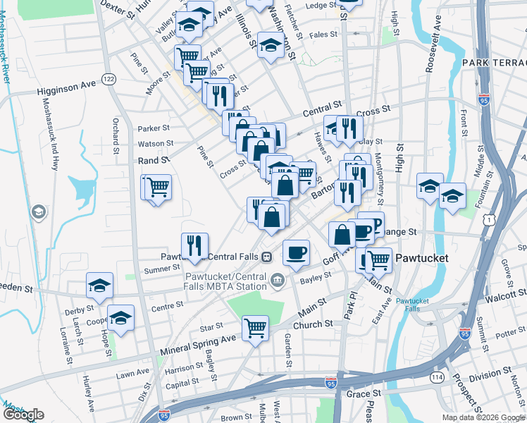 map of restaurants, bars, coffee shops, grocery stores, and more near 290 Dexter Street in Pawtucket