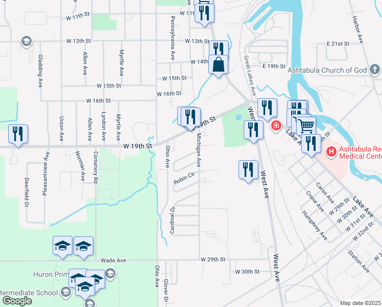 map of restaurants, bars, coffee shops, grocery stores, and more near 1977-2033 Michigan Ave in Ashtabula
