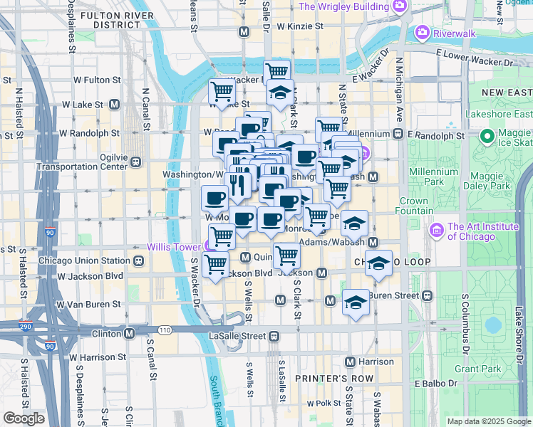 map of restaurants, bars, coffee shops, grocery stores, and more near 10 South LaSalle Street in Chicago