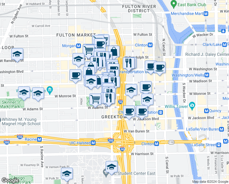map of restaurants, bars, coffee shops, grocery stores, and more near 739 West Madison Street in Chicago