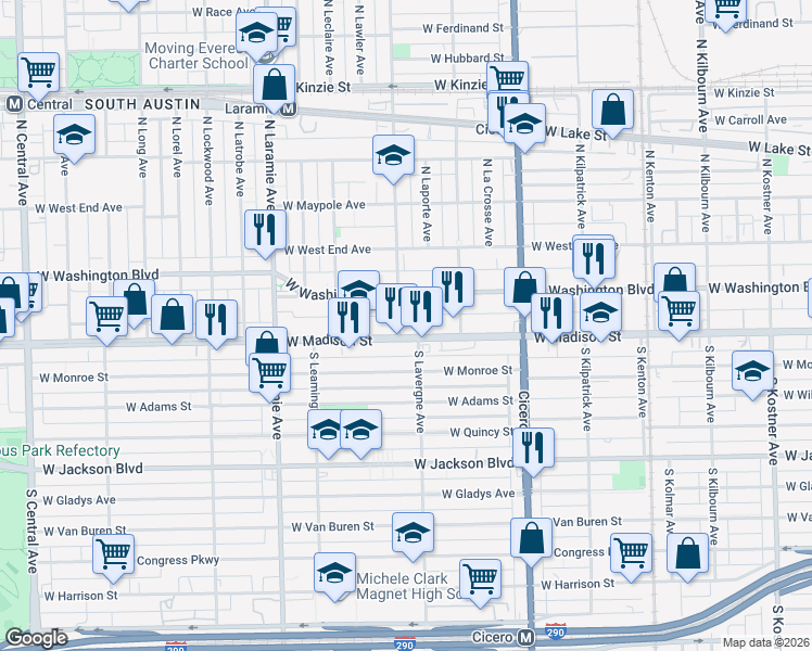 map of restaurants, bars, coffee shops, grocery stores, and more near 4955 West Washington Boulevard in Chicago