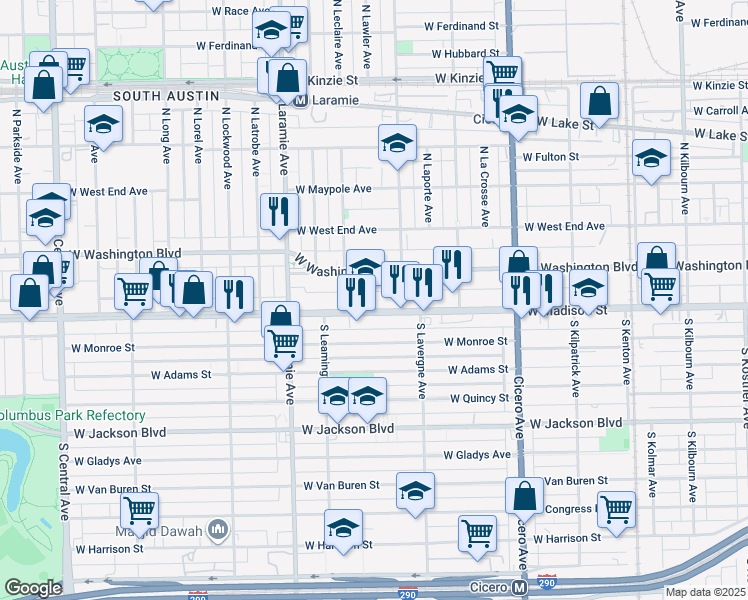 map of restaurants, bars, coffee shops, grocery stores, and more near 5033 West Washington Boulevard in Chicago