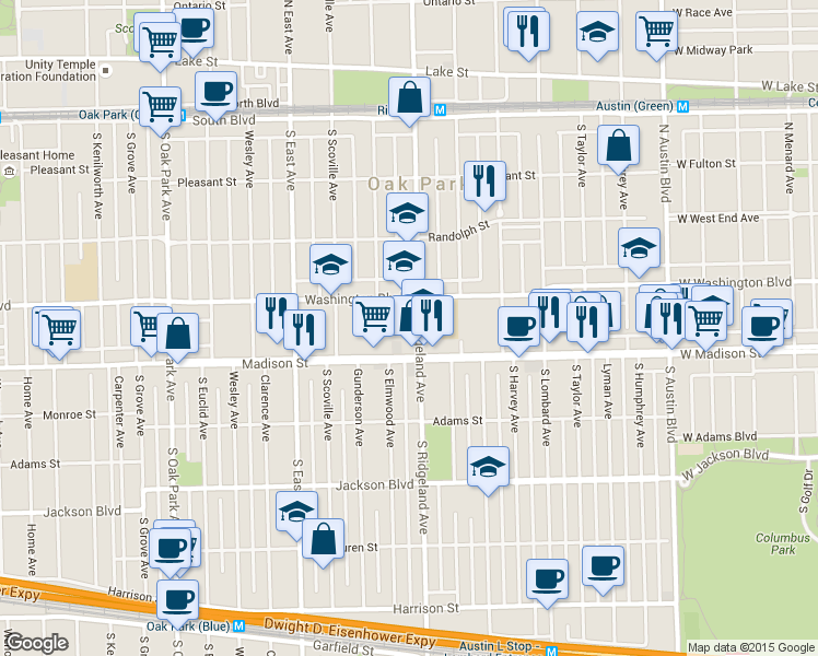 map of restaurants, bars, coffee shops, grocery stores, and more near in Oak Park