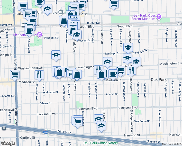 map of restaurants, bars, coffee shops, grocery stores, and more near 651 Washington Boulevard in Oak Park