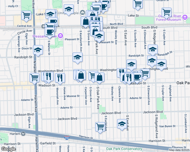 map of restaurants, bars, coffee shops, grocery stores, and more near in Oak Park