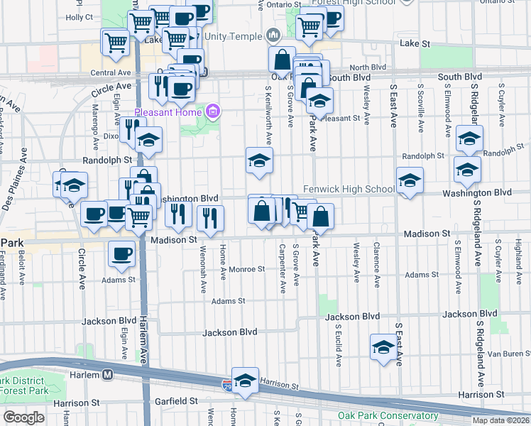 map of restaurants, bars, coffee shops, grocery stores, and more near 404 Clinton Avenue in Oak Park
