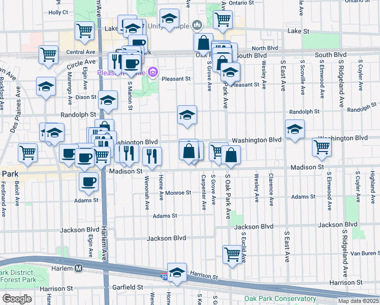 map of restaurants, bars, coffee shops, grocery stores, and more near 404 Clinton Avenue in Oak Park