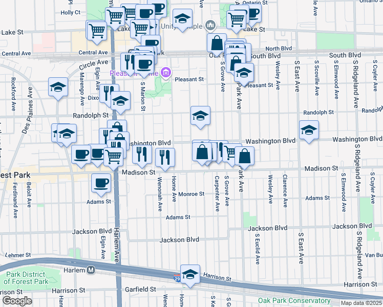 map of restaurants, bars, coffee shops, grocery stores, and more near 404 Clinton Avenue in Oak Park