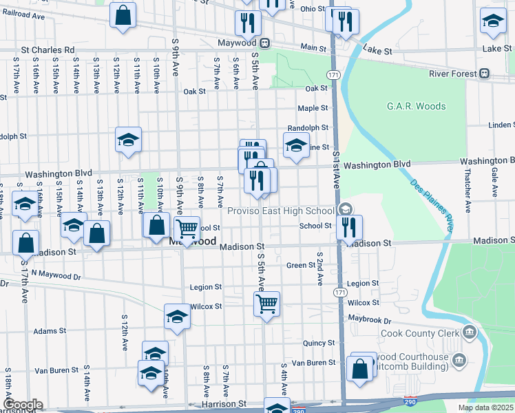 map of restaurants, bars, coffee shops, grocery stores, and more near 414 Walnut Street in Maywood