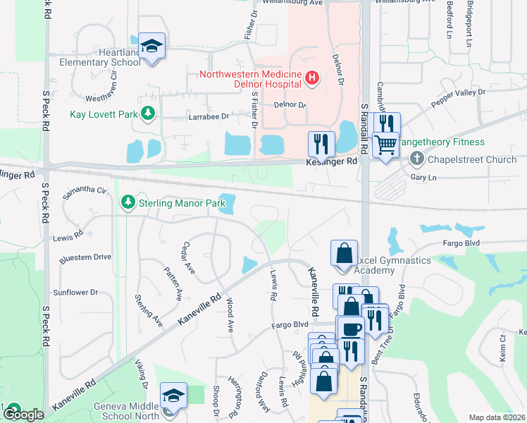 map of restaurants, bars, coffee shops, grocery stores, and more near 2522 Heritage Court in Geneva