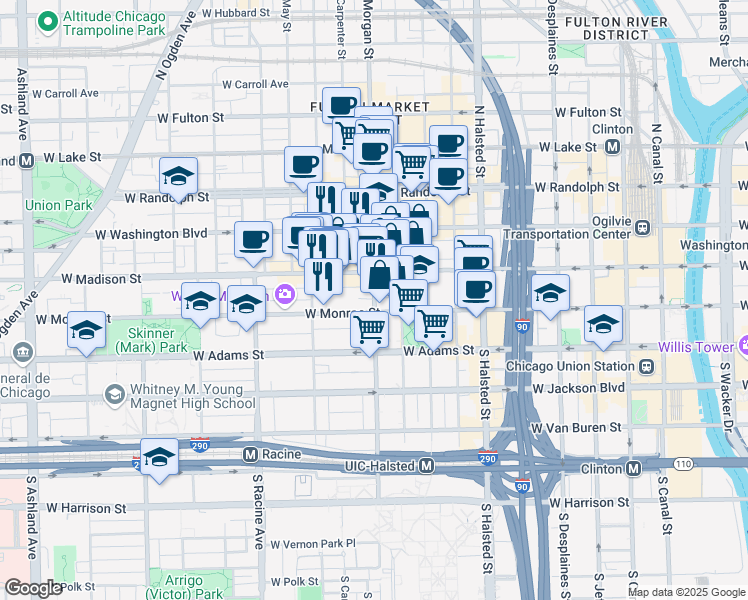map of restaurants, bars, coffee shops, grocery stores, and more near 34 South Morgan Street in Chicago